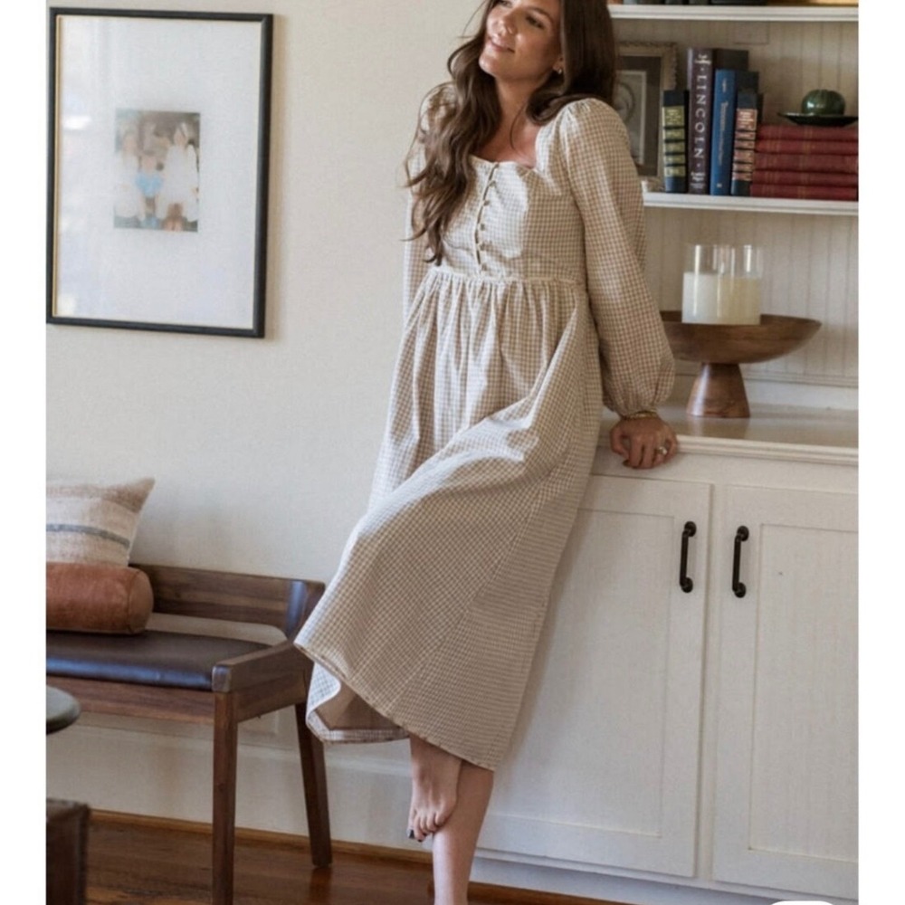 NWT Neuflora Estella Dress S Beige Gingham Cotton Long Sleeve Maxi milkmaid
